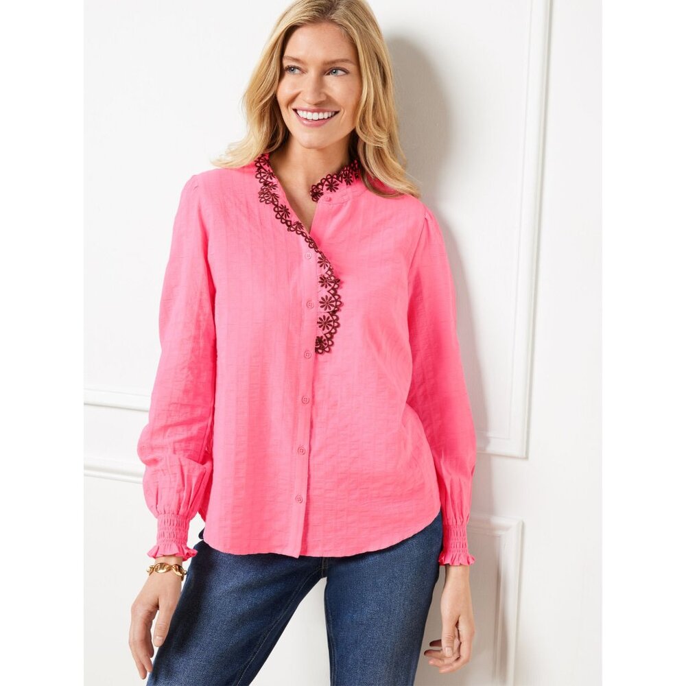 NWT Talbots Womens Petite Small or Medium Pink Embroidered Smocked Gauze Top NEW